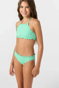 Girl's Dawnbreak Rib Hi-Neck Ruffle Edge Set High Neck Top Set - Jade Cream | O'Neill