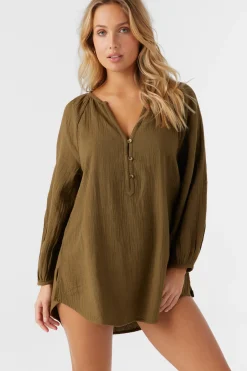 Krysten Crinkle Double Gauze Tunic Swim Cover-Up - Military Olive | O'Neill